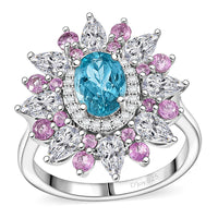 Premium Betroka Blue Apatite, Multi Gemstone Floral Ring in Rhodium Over Sterling Silver (Size 10.0) 3.70 ctw