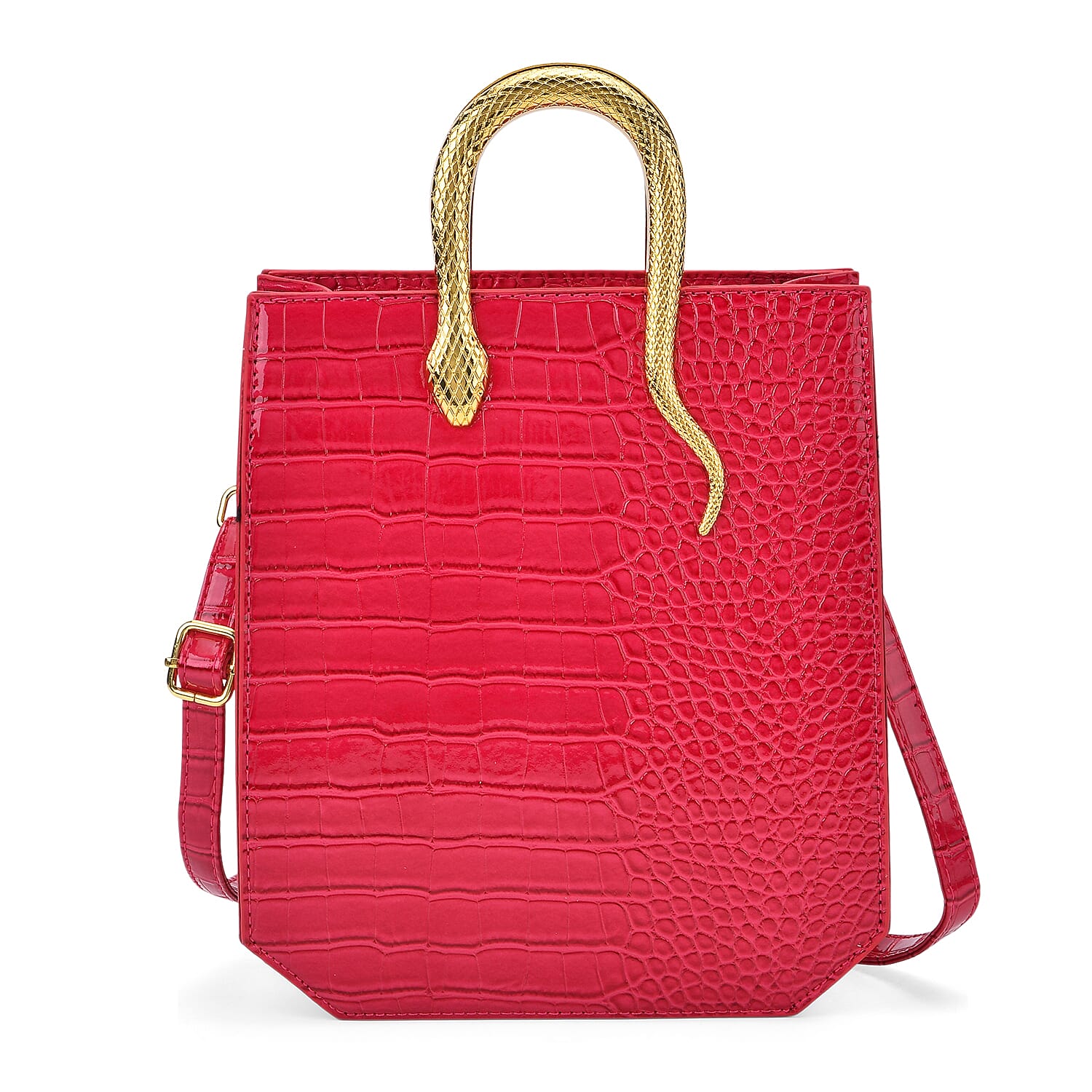 Rose Red Croco Embossed Faux Leather Crossbody Bag (7.48"x4.33"x7.48") with Golden Snake Handle