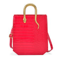 Rose Red Croco Embossed Faux Leather Crossbody Bag (7.48"x4.33"x7.48") with Golden Snake Handle - Sticky add to cart bar