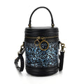 Grand Pelle Navy Plum Blossom Embossed Genuine Leather Cylinder Crossbody Bag with Shoulder Strap - Sticky add to cart bar