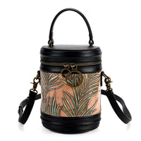 Grand Pelle Navy Plum Blossom Embossed Genuine Leather Cylinder Crossbody Bag with Shoulder Strap