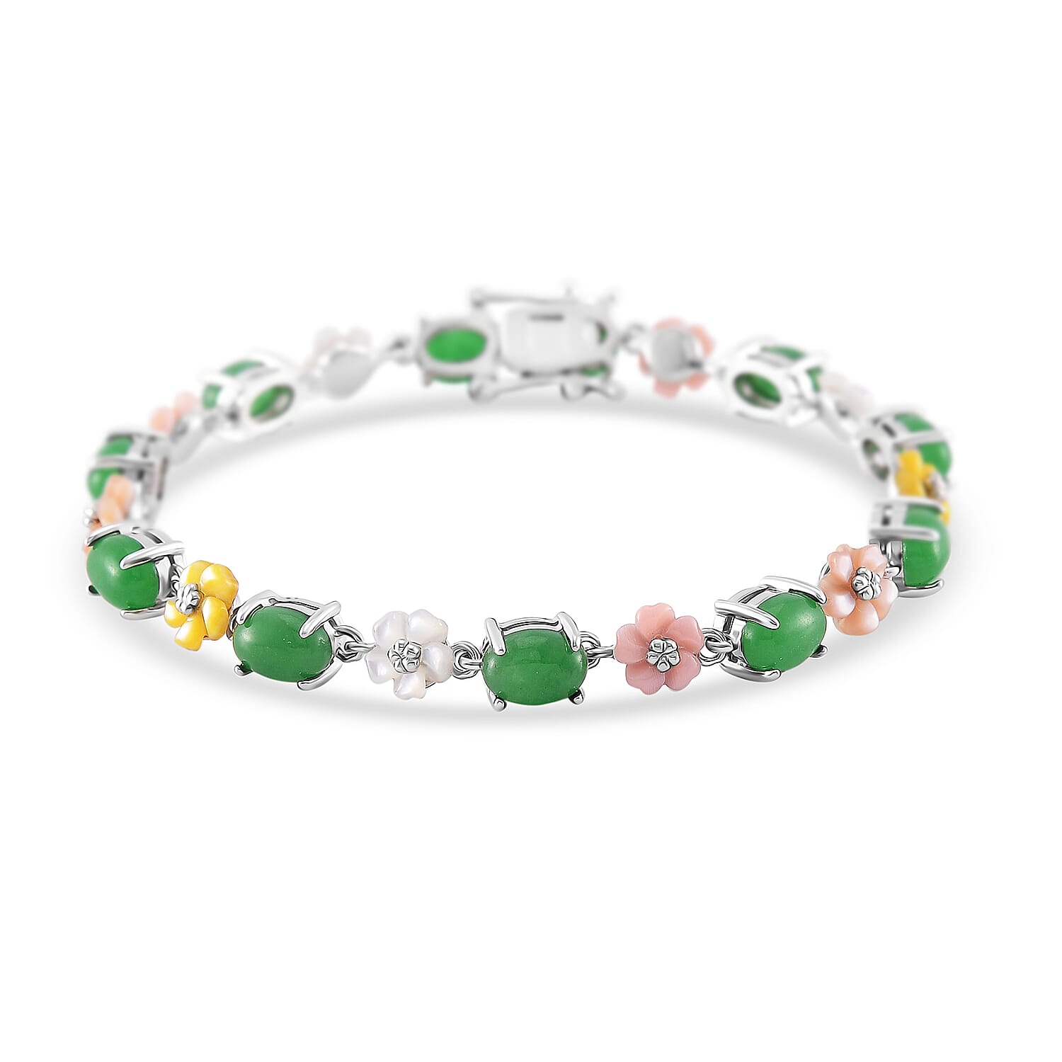 Green Jade, Multi Color Mother of Pearl Carved Floral Bracelet in Rhod