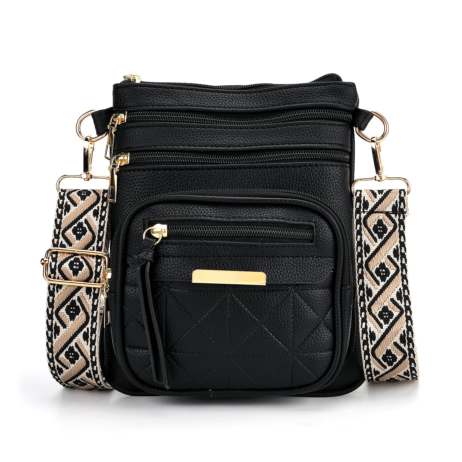 Black Multiple Pockets Faux Leather Crossbody Bag (7.48"x8.7") with Shoulder Strap