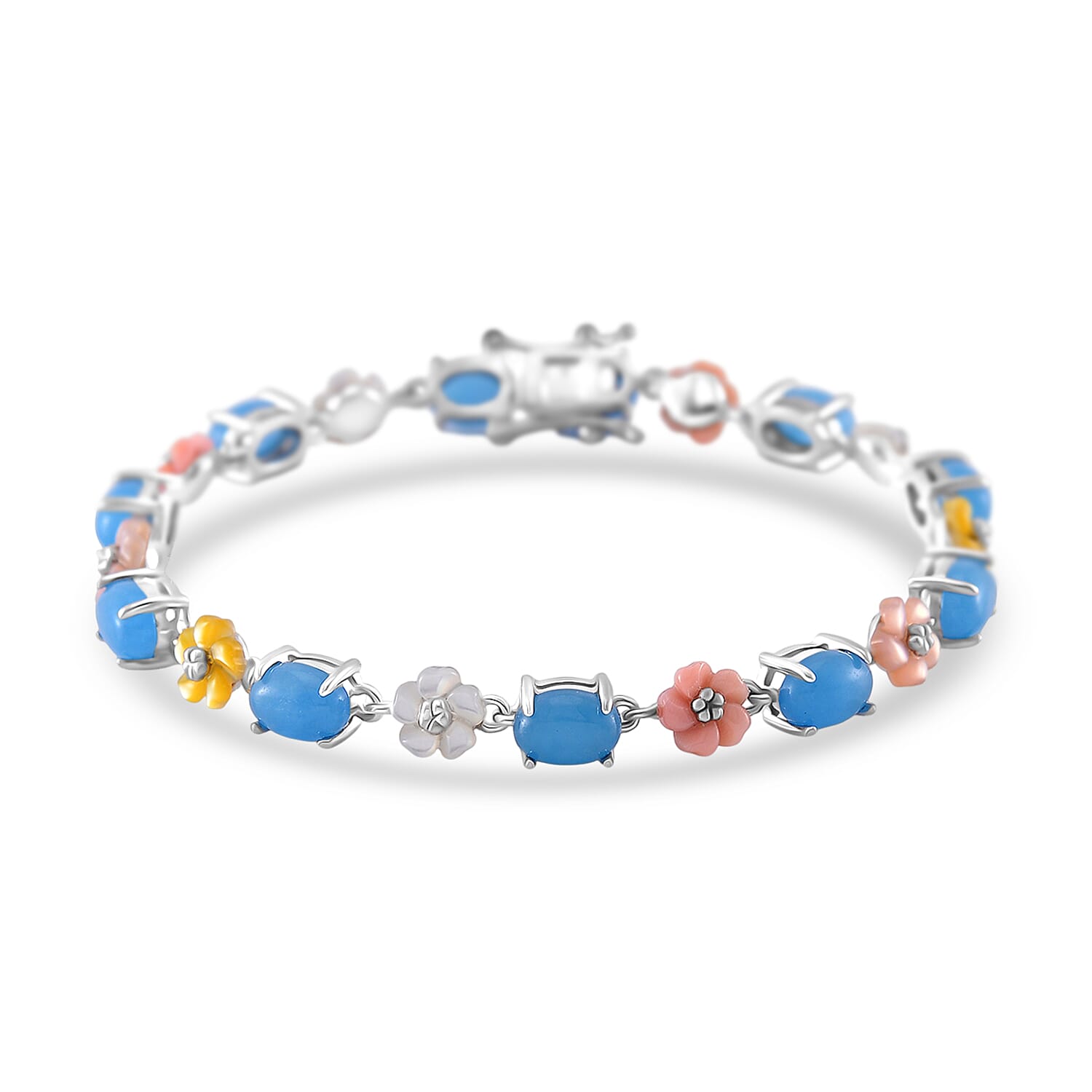 Green Jade, Multi Color Mother of Pearl Carved Floral Bracelet in Rhodium Over Sterling Silver (6.50 In) 10.00 ctw