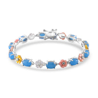 Green Jade, Multi Color Mother of Pearl Carved Floral Bracelet in Rhodium Over Sterling Silver (6.50 In) 10.00 ctw