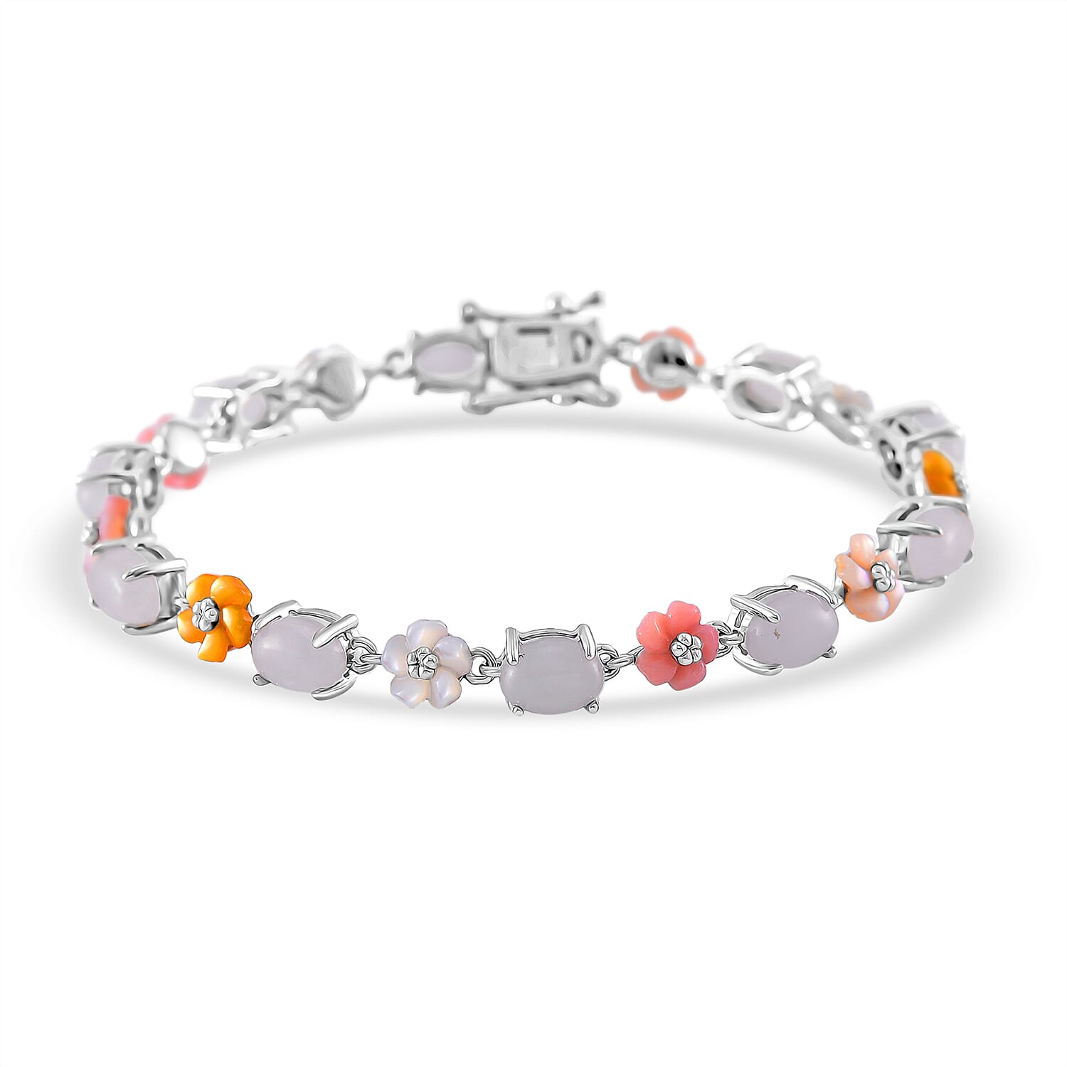 Green Jade, Multi Color Mother of Pearl Carved Floral Bracelet in Rhodium Over Sterling Silver (6.50 In) 10.00 ctw