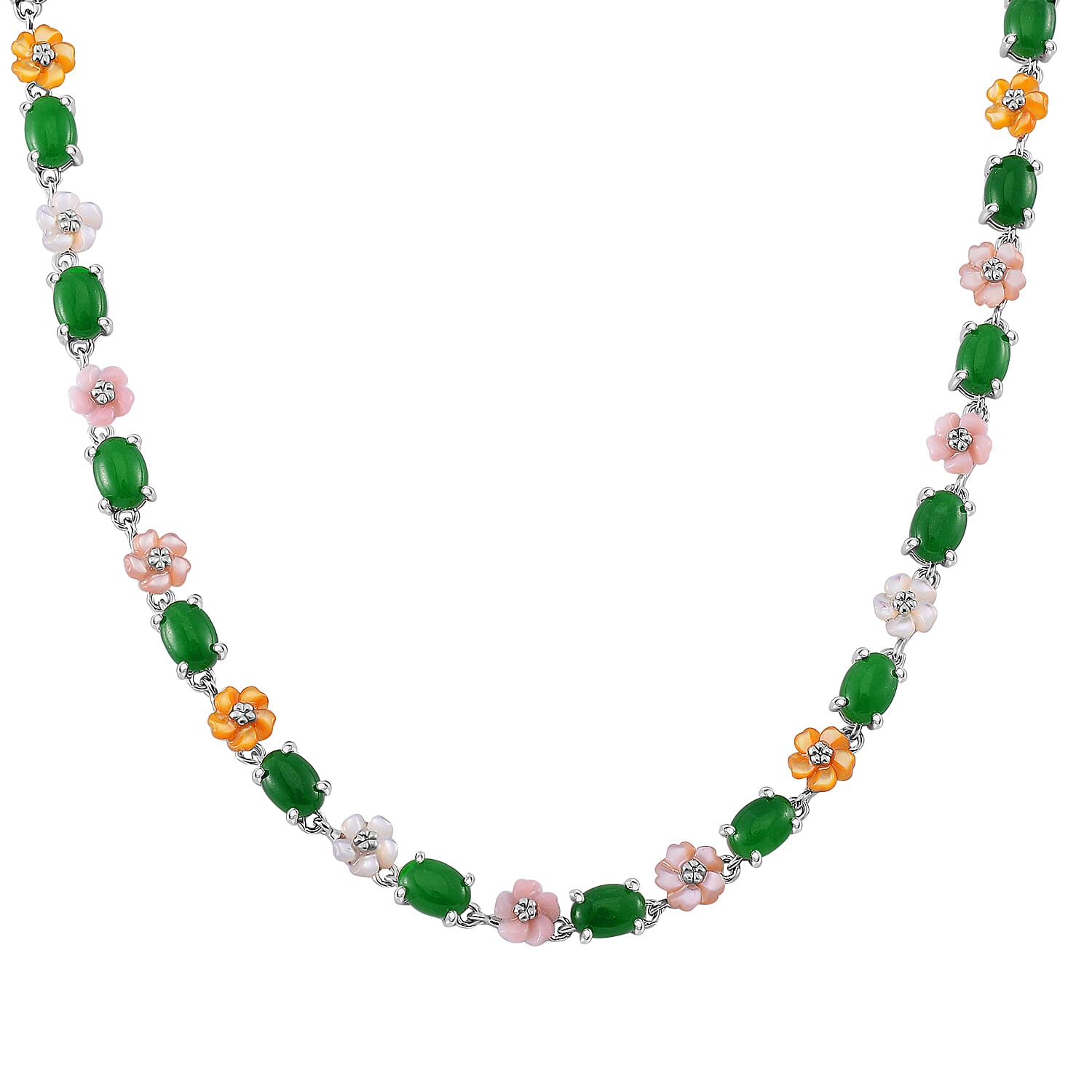 Green Jade, Multi Color Mother of Pearl Carved Floral Necklace (18 Inches) in Rhodium Over Sterling Silver 23.50 ctw