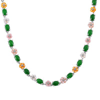 Green Jade, Multi Color Mother of Pearl Carved Floral Necklace (18 Inches) in Rhodium Over Sterling Silver 23.50 ctw