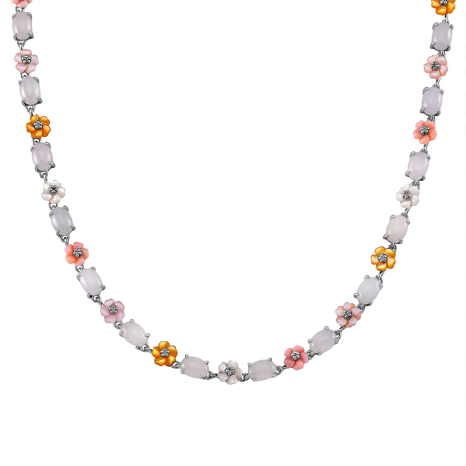 Green Jade, Multi Color Mother of Pearl Carved Floral Necklace (18 Inches) in Rhodium Over Sterling Silver 23.50 ctw