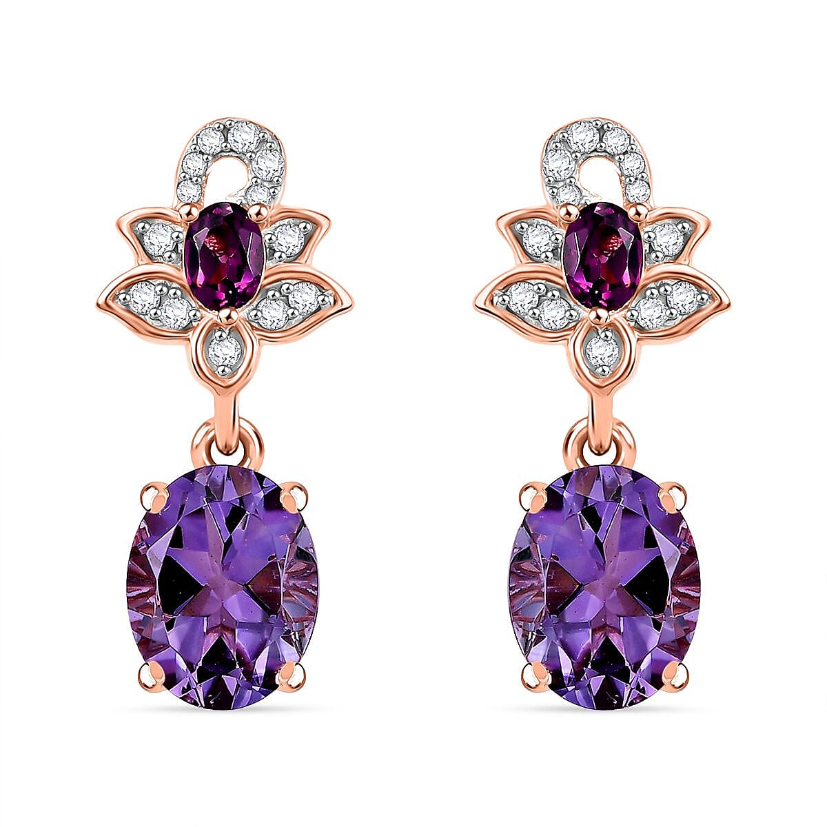 D'Joy AAA Rose De France Amethyst and Multi Gemstone 4.22 ctw Floral Earrings in 18K Vermeil Rose Gold Over Sterling Silver