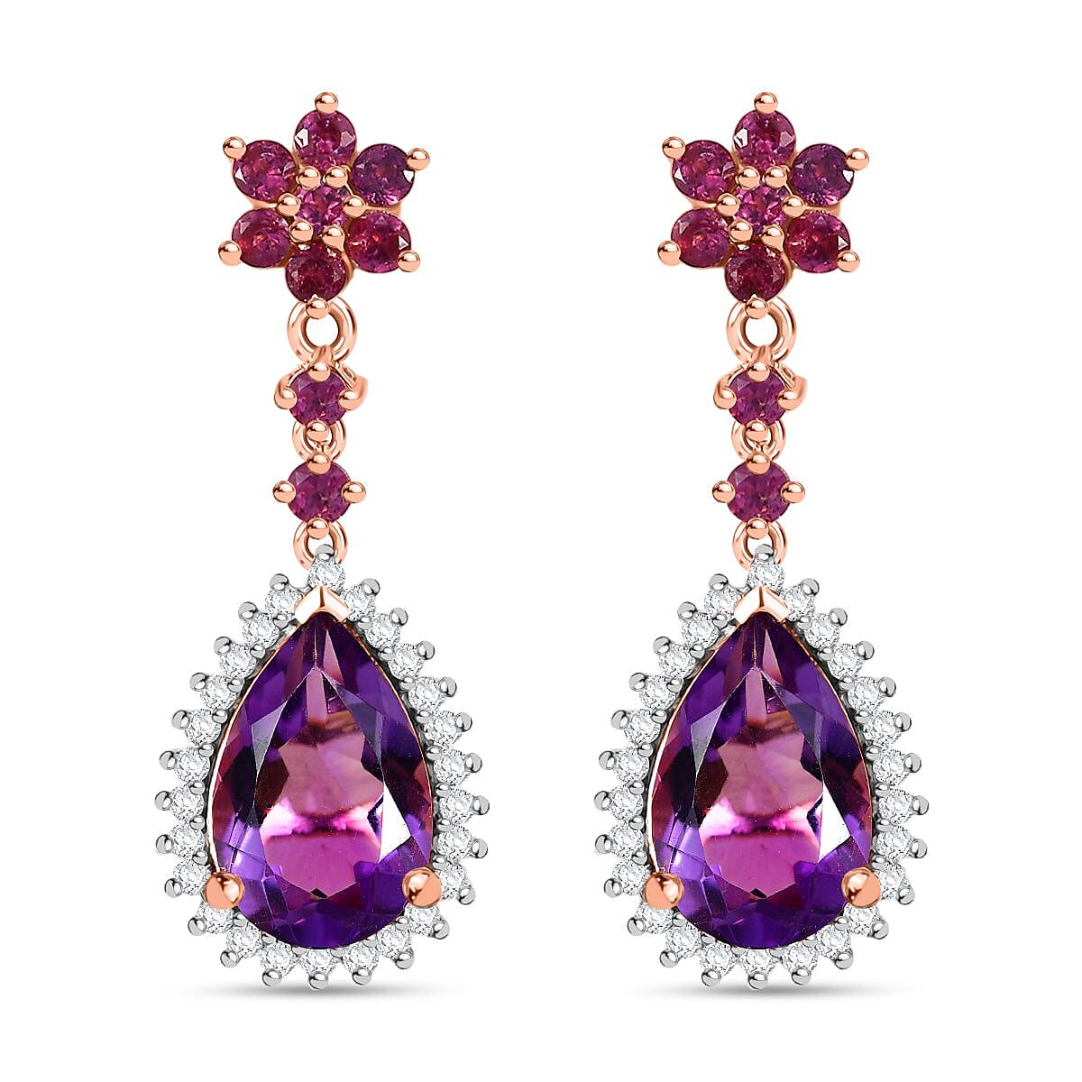 D'Joy AAA Rose De France Amethyst and Multi Gemstone 7.40 ctw Starburst Drop Earrings in 18K Vermeil Rose Gold Over Sterling Silver