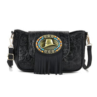 Black Flower Embossed Faux Leather Crossbody Bag with Charming Tassel (9.84"x2.76"x6")