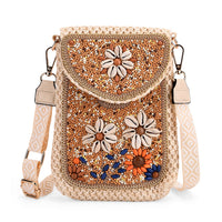 Khaki with Flower Pattern Woven Crossbody Bag with Shoulder Strap