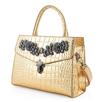 Golden Crocodile Embossed with Rose Flower Faux Leather Crossbody Bag
