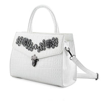 White Crocodile Embossed with Rose Flower Faux Leather Crossbody Bag