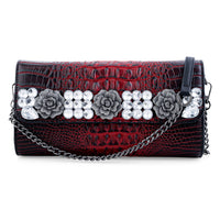 Red Crocodile Embossed Faux Leather Crystal Flower Crossbody Bag