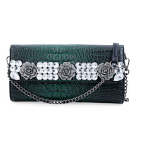 Green Crocodile Embossed Faux Leather Crystal Flower Crossbody Bag