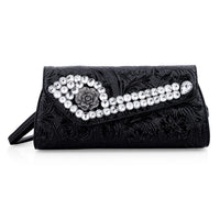 black Flower Embossed Faux Leather Crystal Crossbody Bag