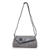 Silver Flower Embossed Faux Leather Crystal Crossbody Bag