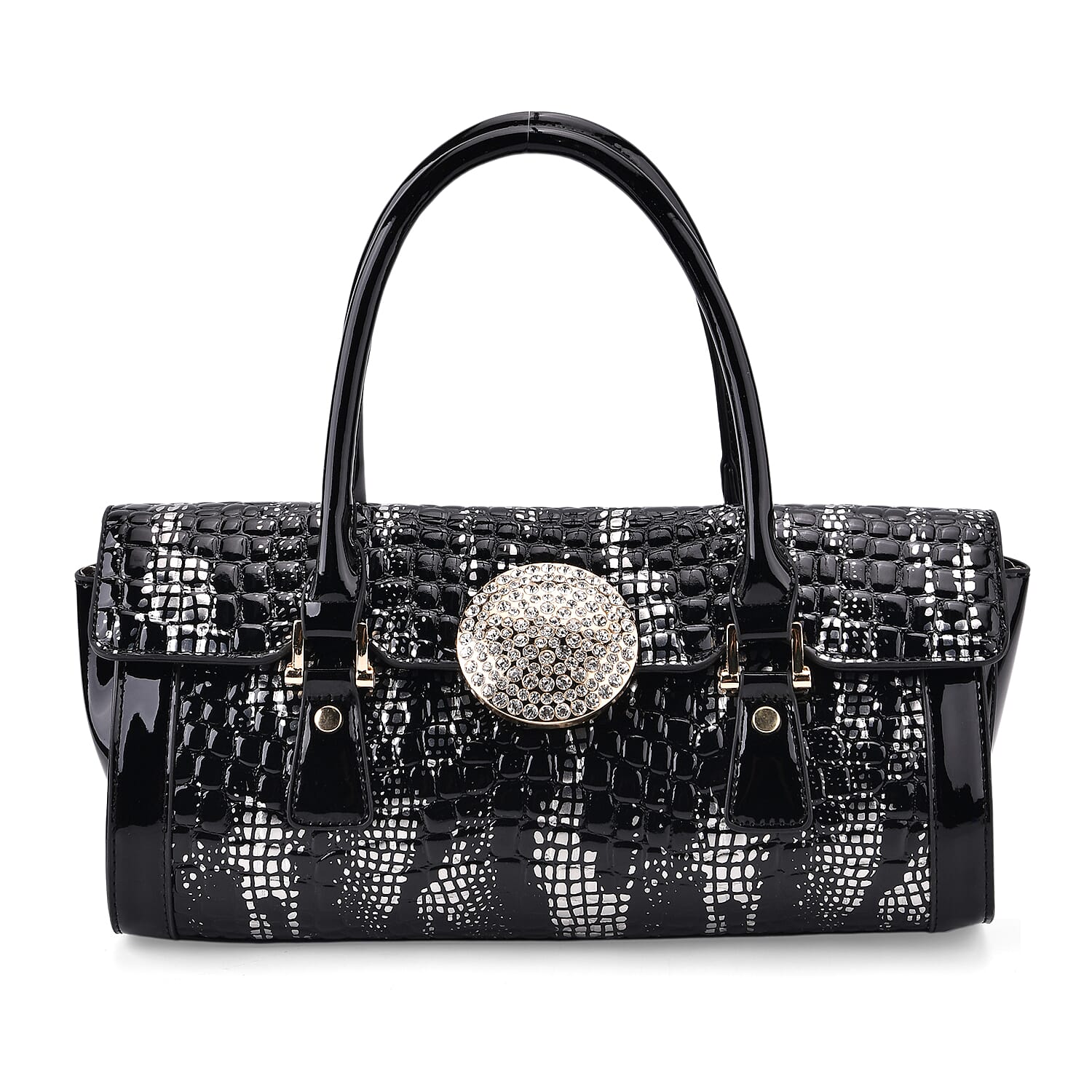 Golden Silver Black Croco Embossed Faux Leather Handbag (13.2"x5.7"x6.1")