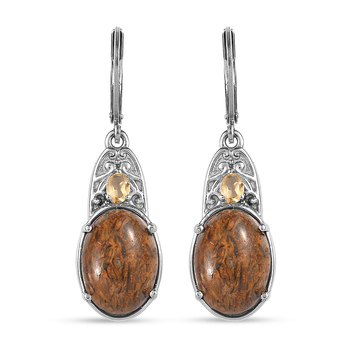 Script Stone and Brazilian Citrine 10.85 ctw Lever Back Earrings in Stainless Steel