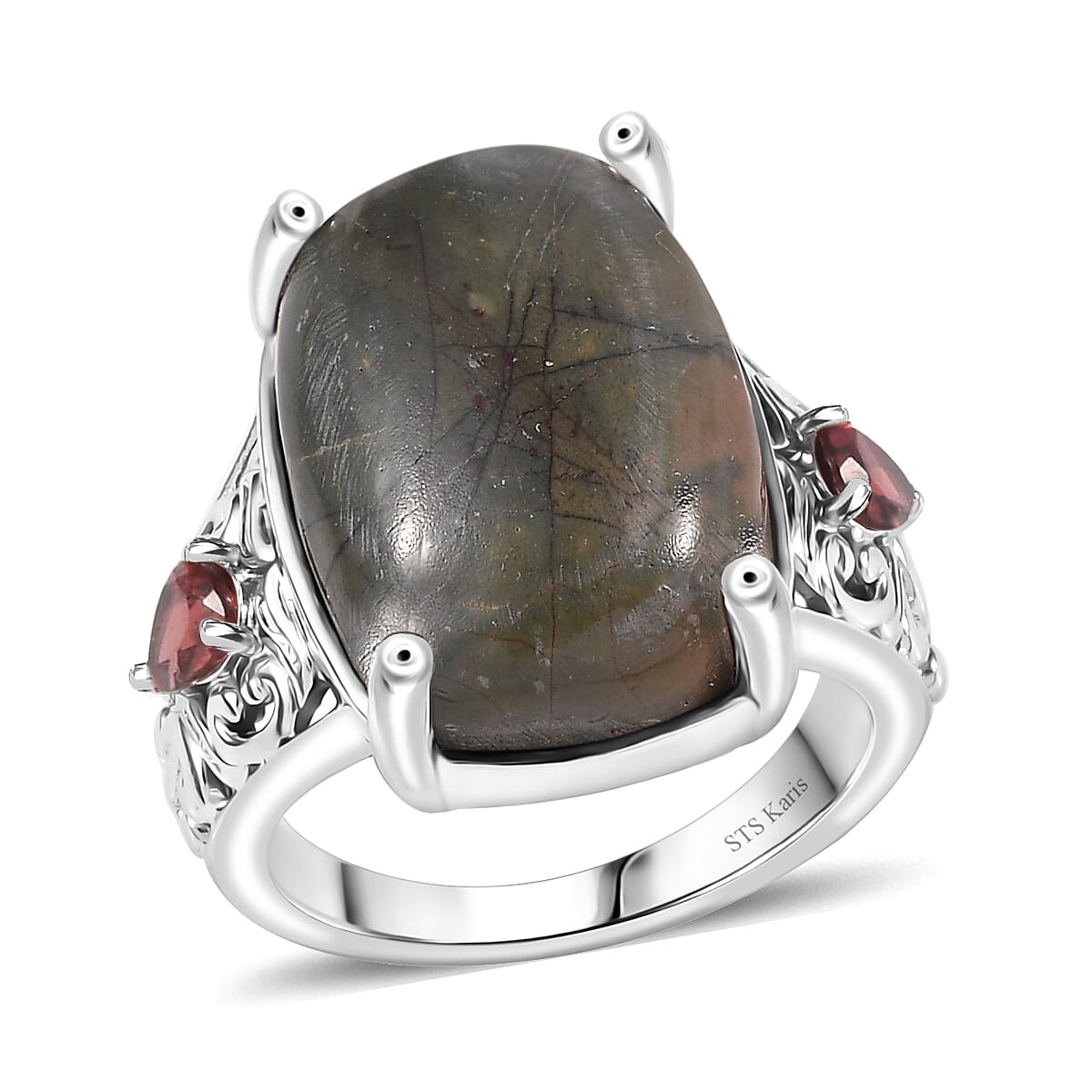 Karis Venus Jasper and Mozambique Garnet 14.30 ctw Ring in Platinum Bond (Size 10.0)