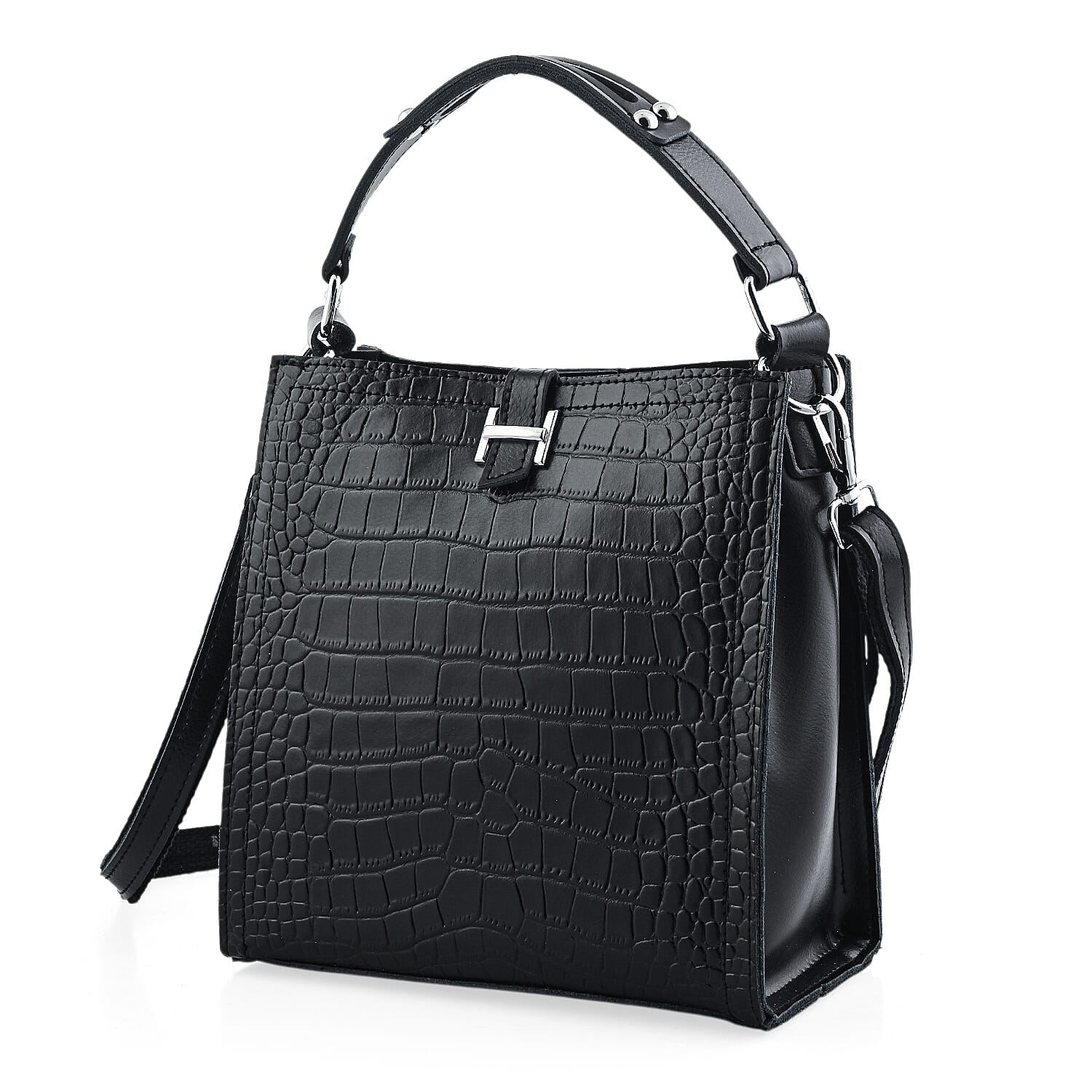 Black Genuine Leather Crossbody Bag (8.86"x4.72"x9.05") with Shoulder Strap