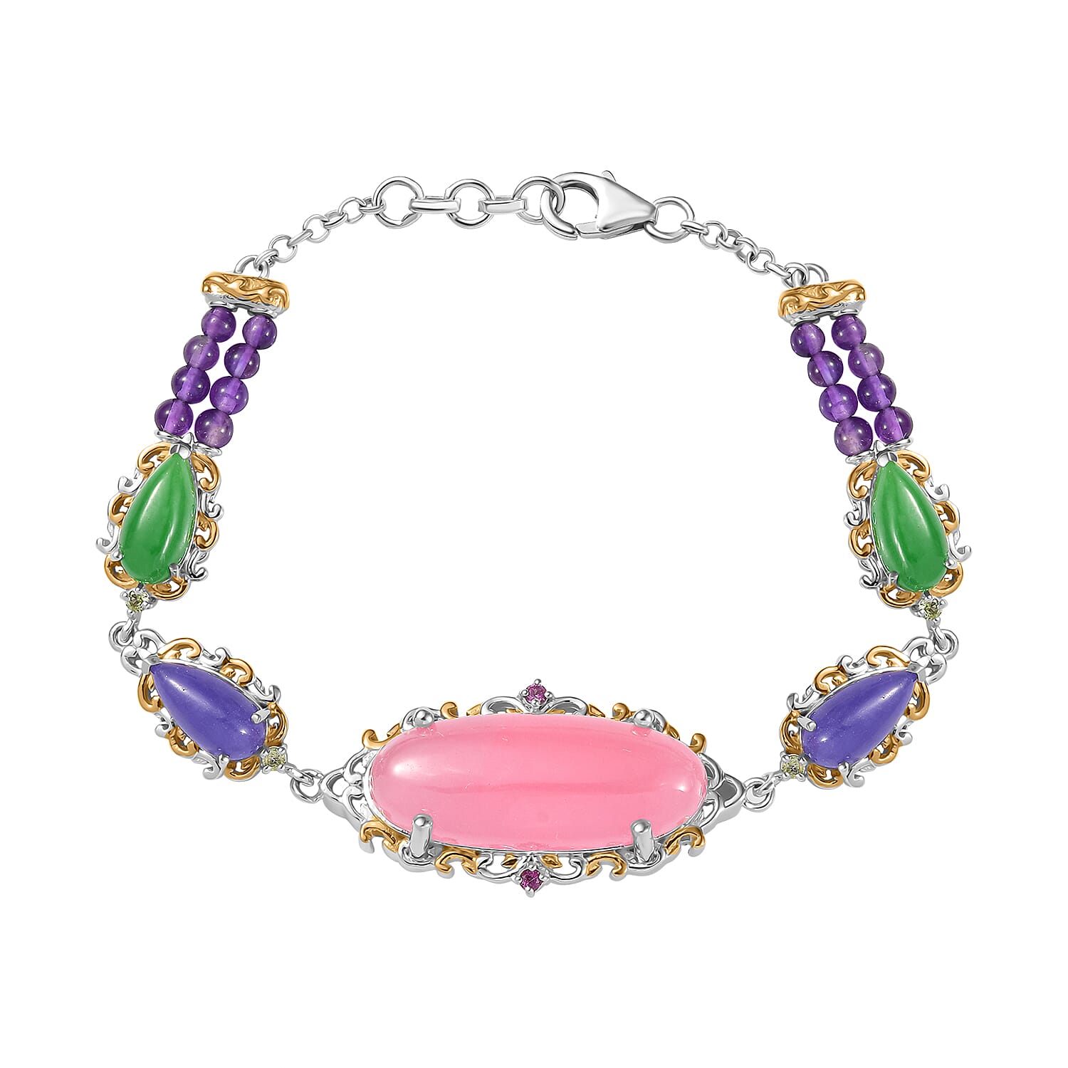 Pink Jade(D) and Multi Gemstones 31.70 ctw Royal Garden Bracelet in Rhodium and 18K Vermeil Yellow Gold Over Sterling Sliver (7.25 In)