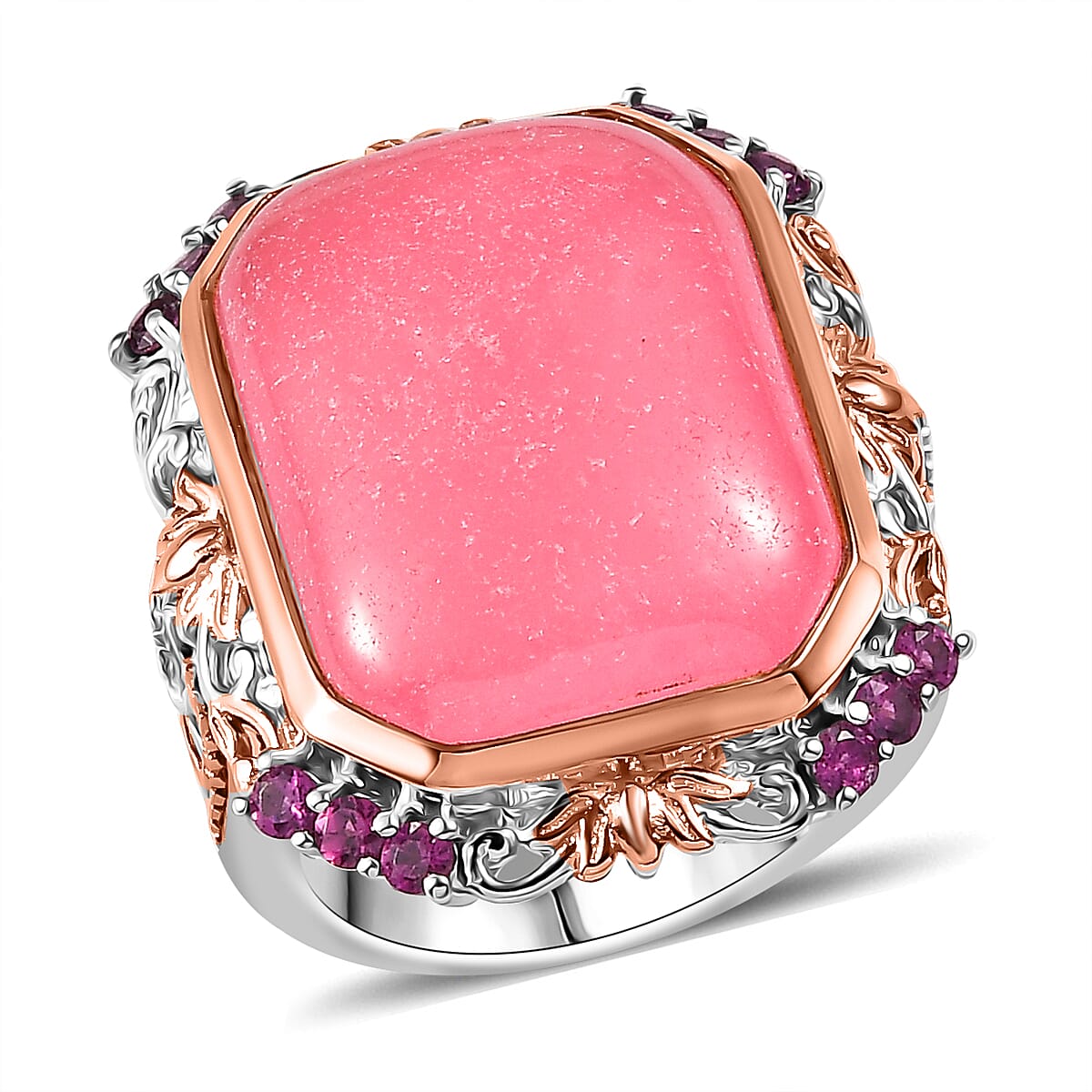 Pink Jade(D) and Orissa Rhodolite Garnet 24.30 ctw Ring in 18K Vermeil RG and Rhodium Over Sterling Silver (Size 10.0)