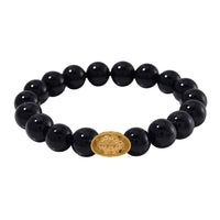 Black Obsidian 130.00 ctw Beaded Stretch Bracelet with Sycee Charm in Goldtone (6.50-7.0In)