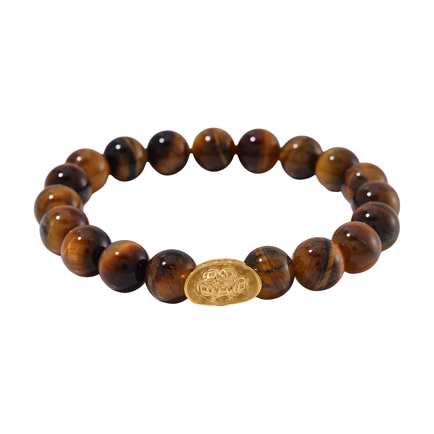 Tigers Eye 130.00 ctw Beaded Stretch Bracelet with Sycee Charm in Goldtone (6.50-7.0In)