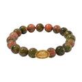 Unakite 130.00 ctw Beaded Stretch Bracelet with Sycee Charm in Goldtone (6.50-7.0In) - Sticky add to cart bar