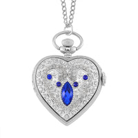 Strada Blue Glass, Multi Color Austrian Crystal Japanese Movement Heart Shaped Pocket Watch with Chain (31 Inches) in Silvertone