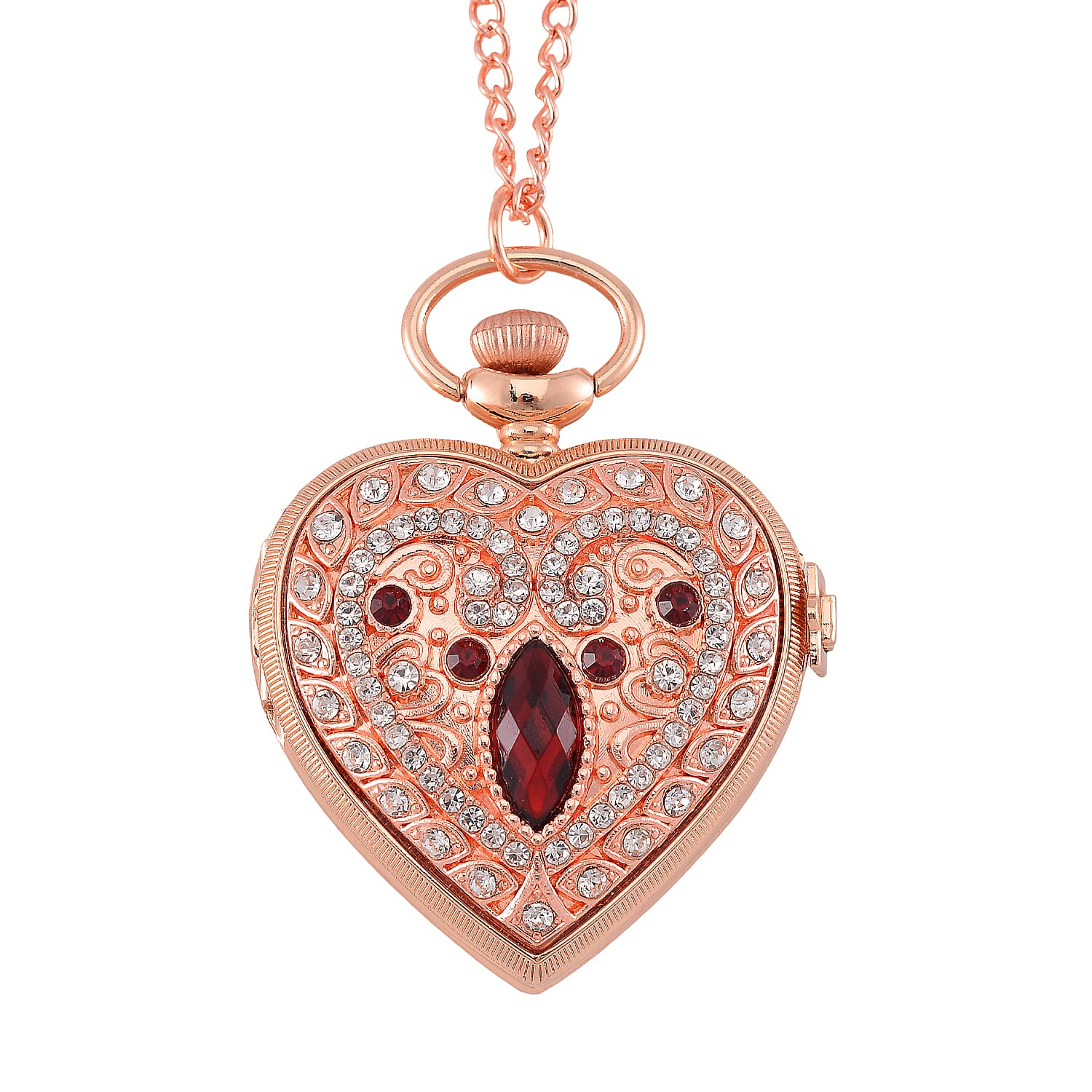 Strada Blue Glass, Multi Color Austrian Crystal Japanese Movement Heart Shaped Pocket Watch with Chain (31 Inches) in Silvertone