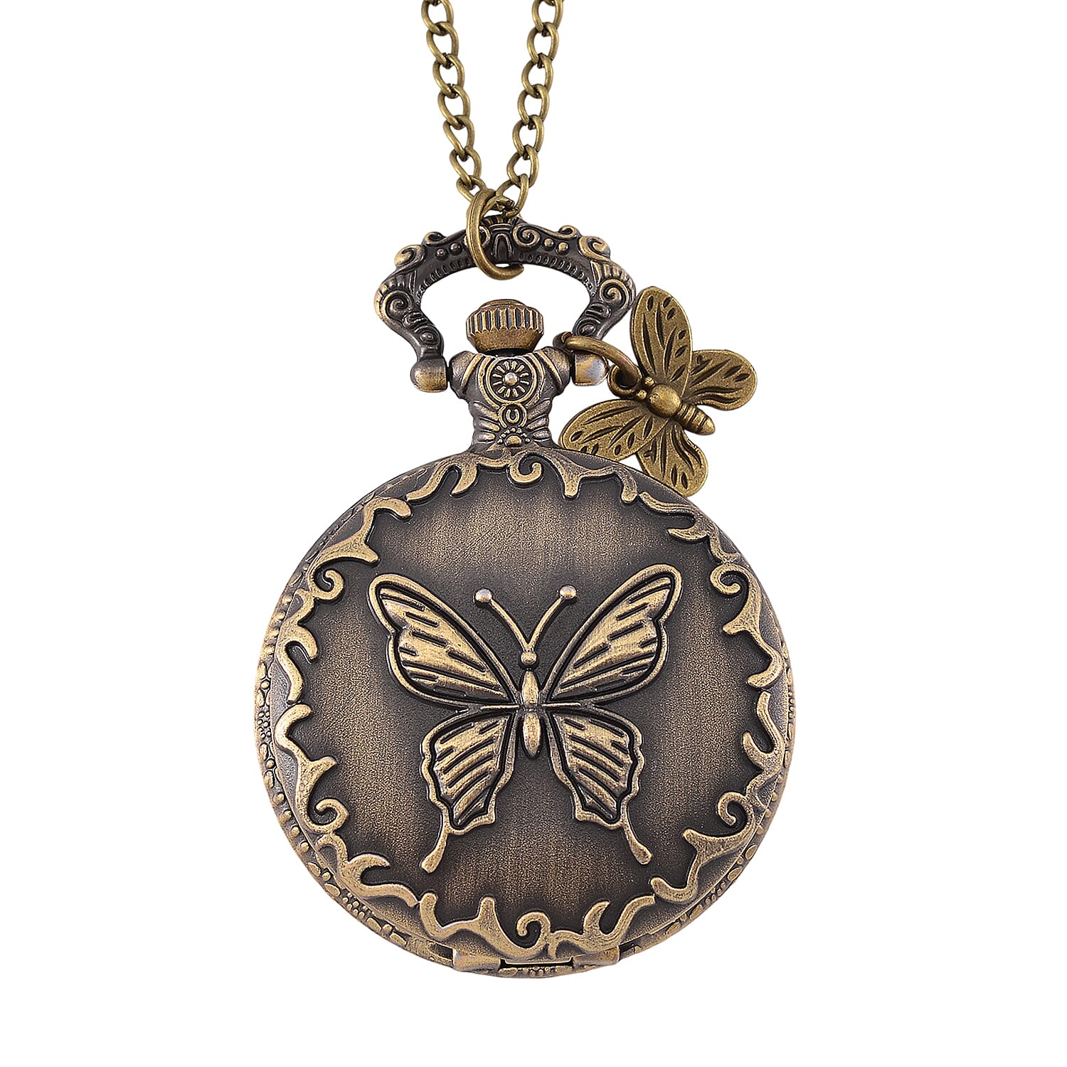 Strada Japanese Movement Butterfly   Pocket Watch with Charm and Chain (36 Inches) in Antique Bronze