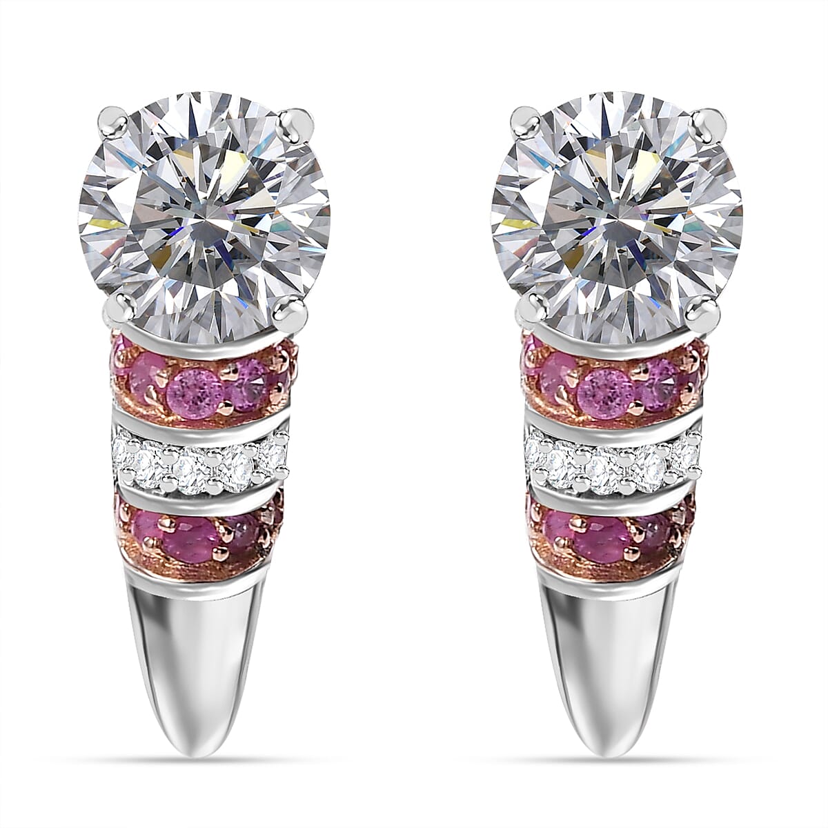 TLV Heart and Arrow Cut Moissanite (Rnd 7mm), Pink Sapphire Moonlit Grace Earrings in Rhodium Over Sterling Silver 3.00 ctw