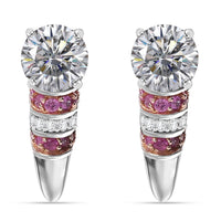 TLV Heart and Arrow Cut Moissanite (Rnd 7mm), Pink Sapphire Moonlit Grace Earrings in Rhodium Over Sterling Silver 3.00 ctw