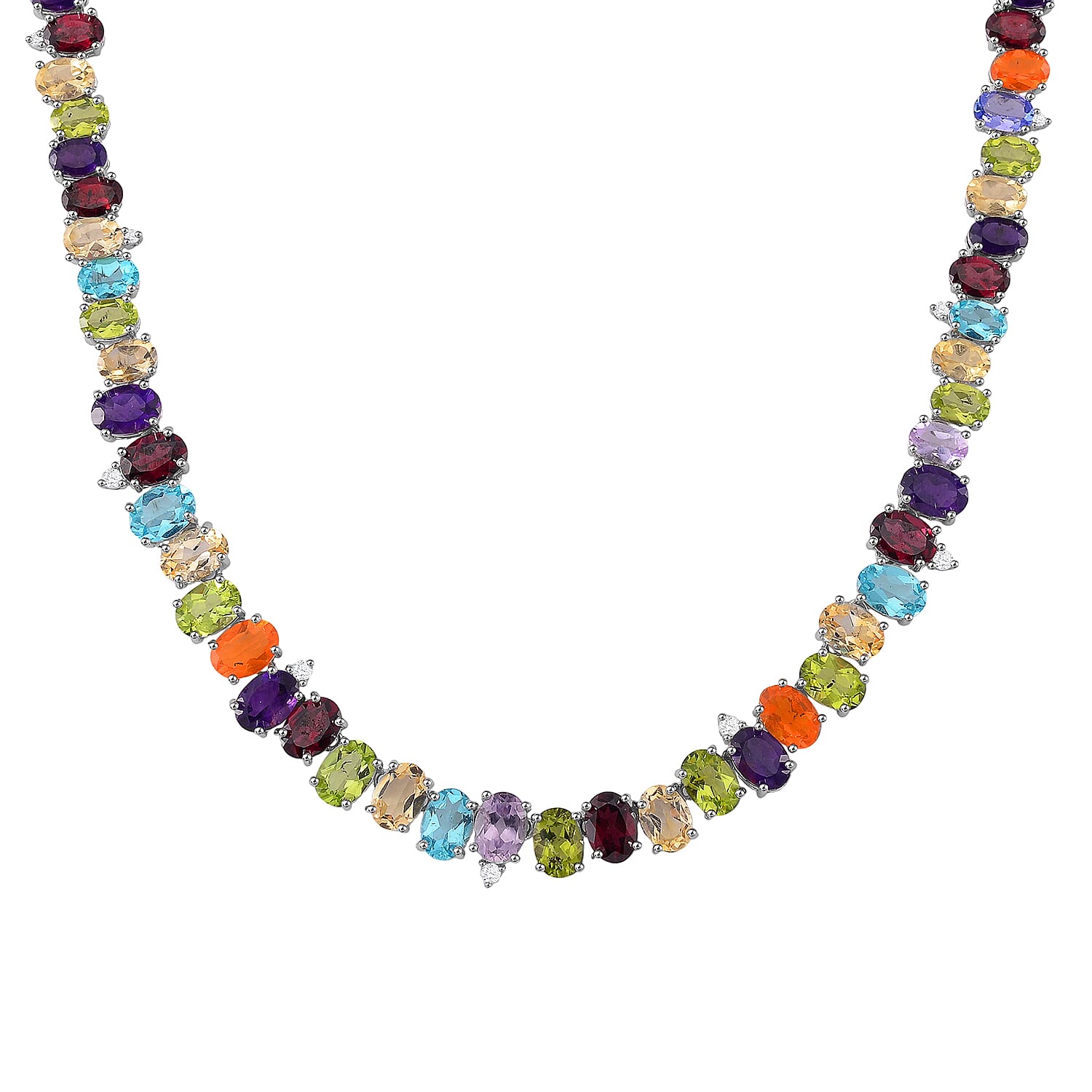Multi Gemstone 43.50 ctw Rainbow Cascade Necklace in Rhodium Over Sterling Silver 18 Inches