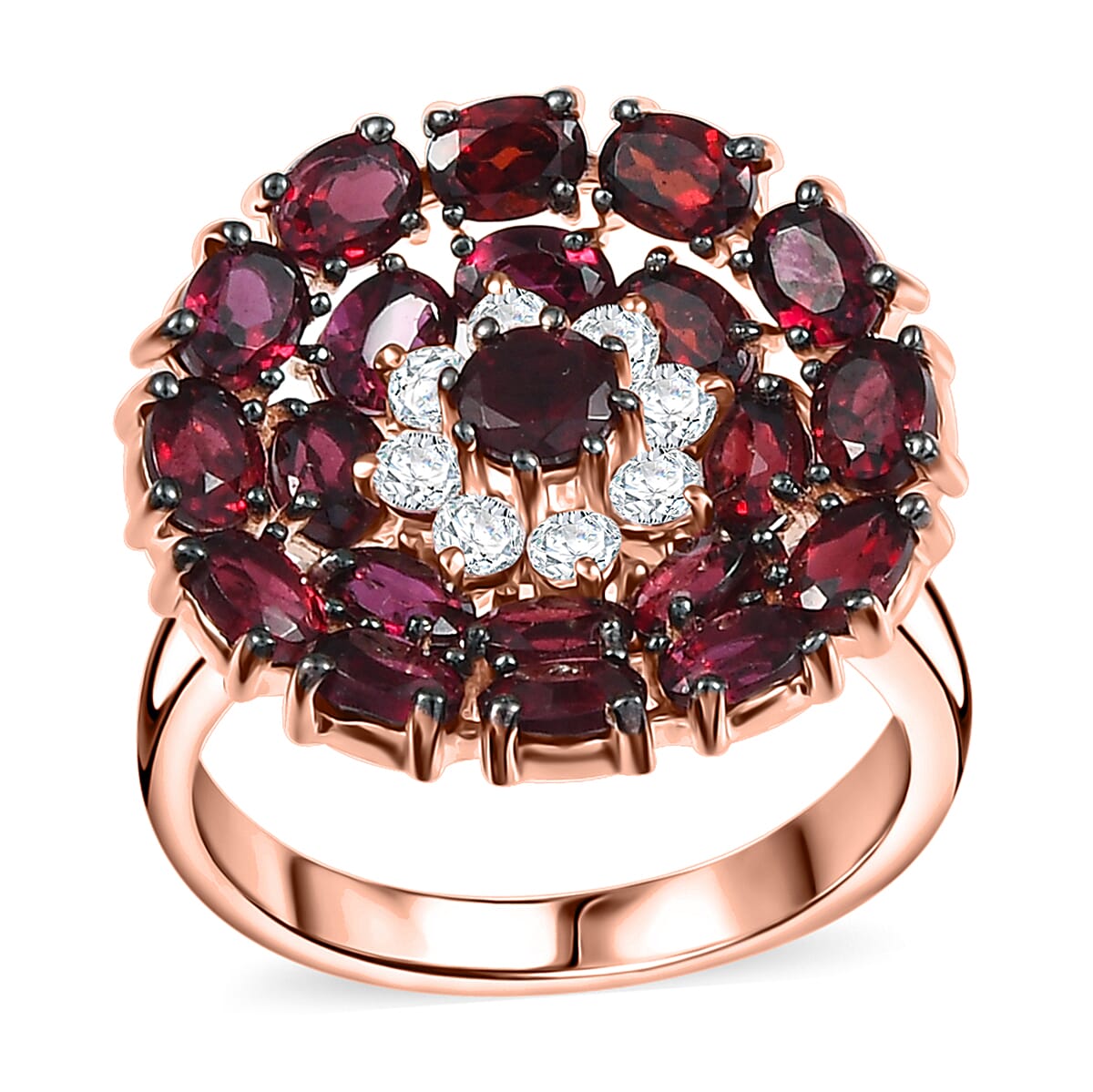 Premium Anthill Garnet, White Zircon Peony Flower Ring in 18K Vermeil RG Over Sterling Silver (Size 10.0) 5.10 ctw