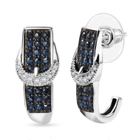 TLV Ceylon Sapphire, White Zircon J Hoop Earrings in Rhodium Over Sterling Silver 1.50 ctw
