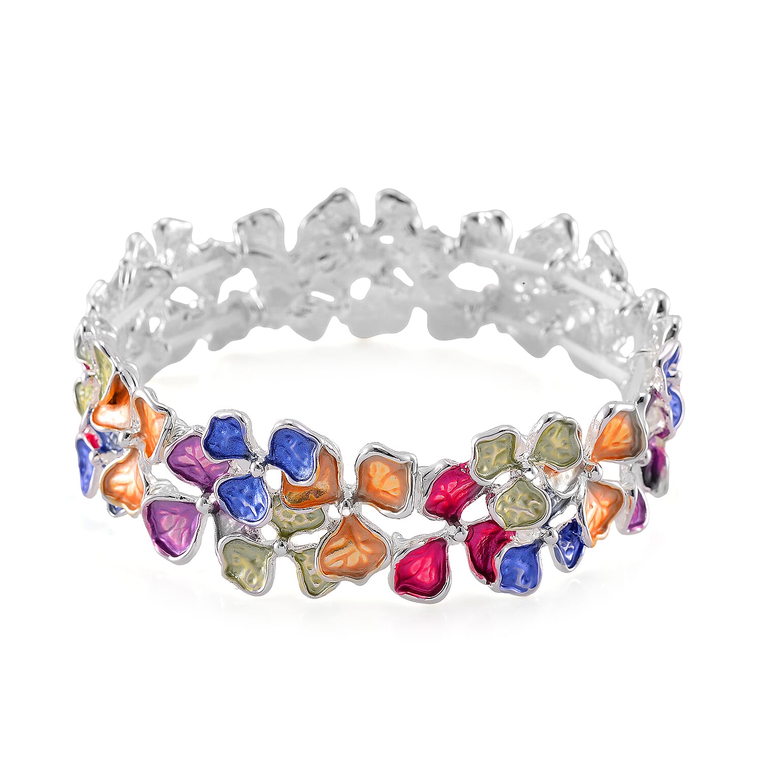 Multi Color Enameled Floral Bracelet in Silvertone (7.00 In)
