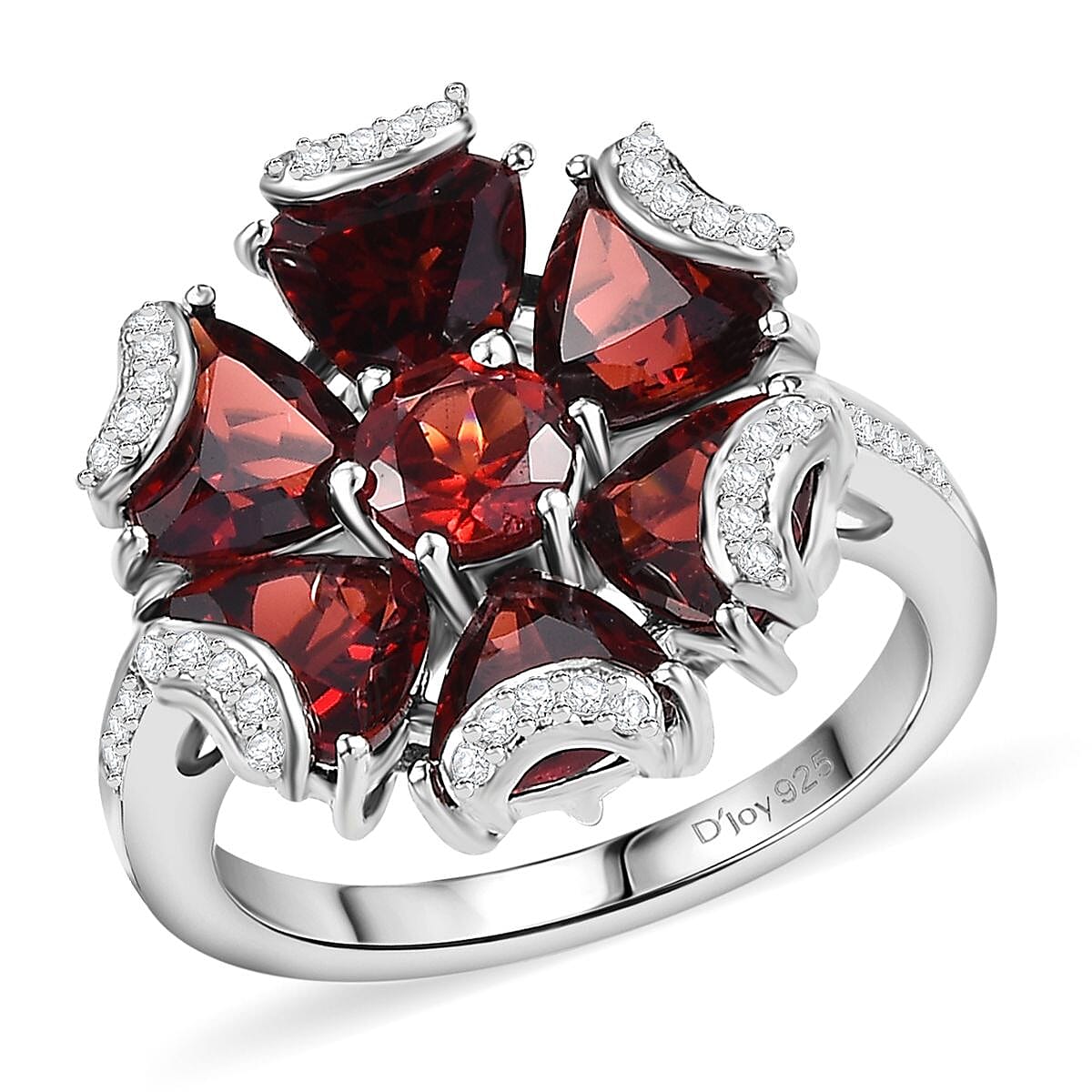 Mozambique Garnet, White Zircon Fiery Blossom Ring in Rhodium Over Sterling Silver (Size 10.0) 6.35 ctw