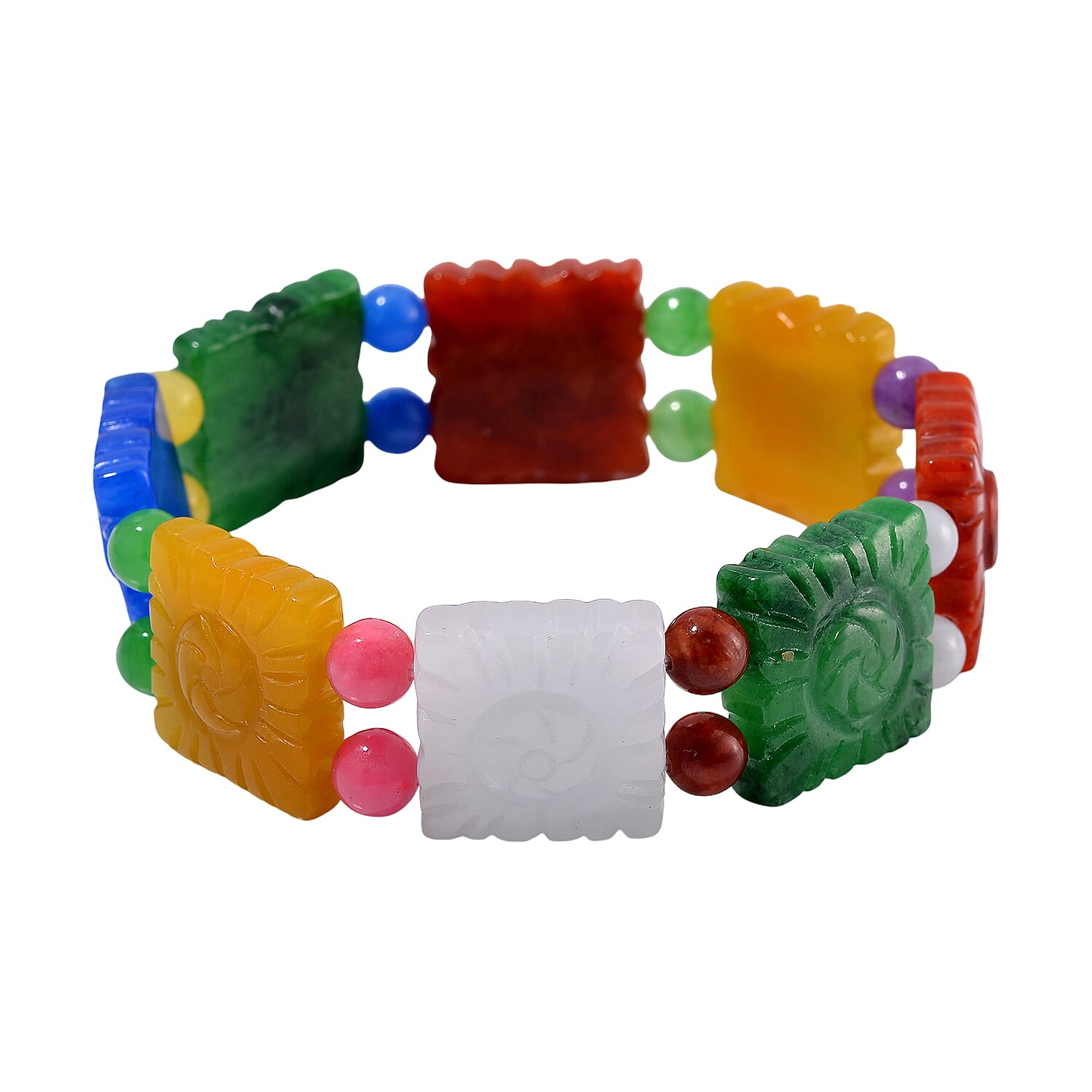 Multi Jade (D) 220.00 ctw Carved and Beaded Stretch Bracelet