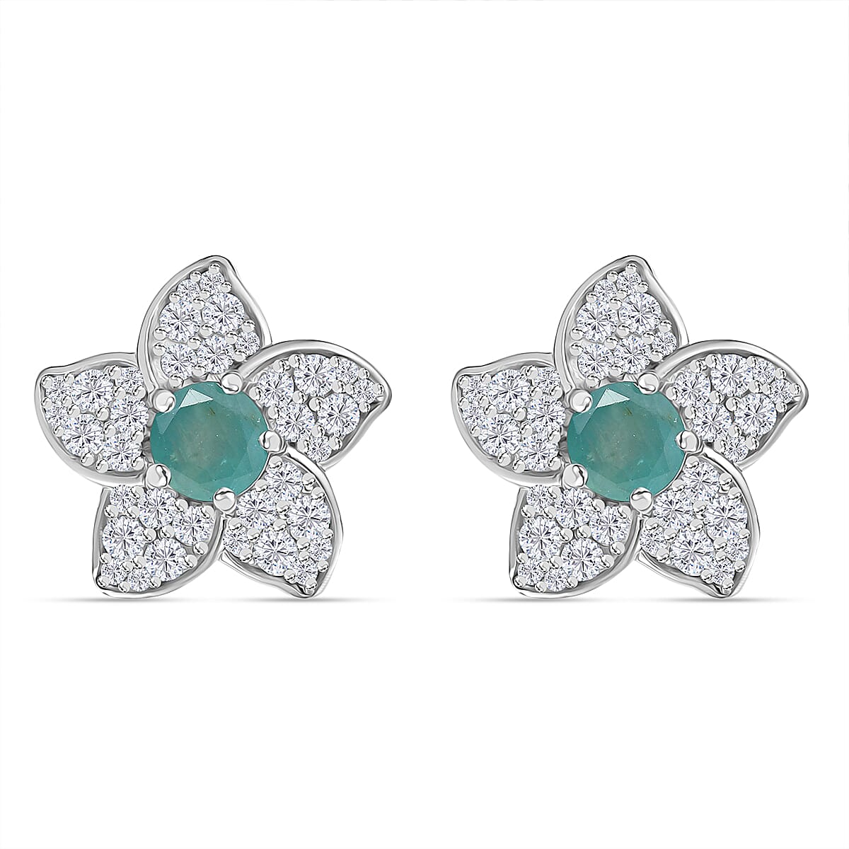 D'Joy Grandidierite and White Zircon 2.30 ctw Flower Earrings in Rhodium Over Sterling Silver