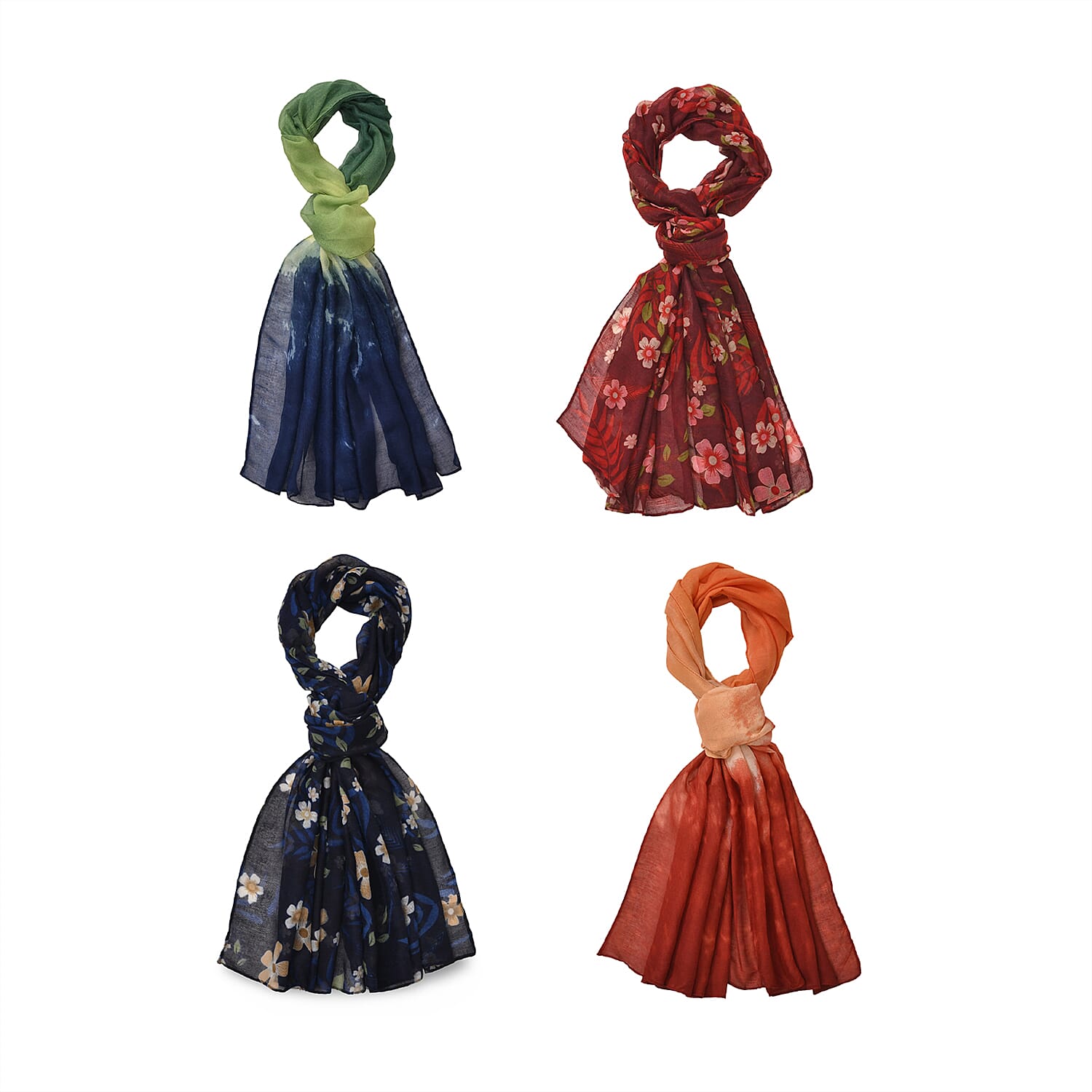 TLV Set of 4, Multi Color 2pc Flower Printed and 2pc Solid Polyester Scarfs (27.6"x70.8")