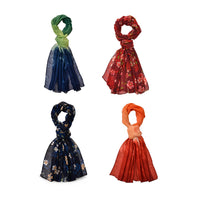 TLV Set of 4, Multi Color 2pc Flower Printed and 2pc Solid Polyester Scarfs (27.6"x70.8")