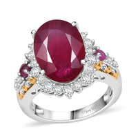 AAA Niassa Ruby (FF), White Zircon Ring in 18K Vermeil YG and Rhodium Over Sterling Silver (Size 10.0) 10.70 ctw