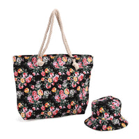 2pcs Set Rose Pattern Beach Tote Bag (	20"x6"x15") and Hat