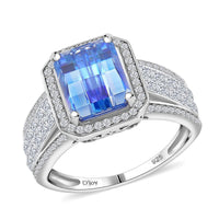 Blue and White Moissanite (Oct 10x8mm) Ring in Rhodium Over Sterling Silver (Size 5.0) 5.00 ctw
