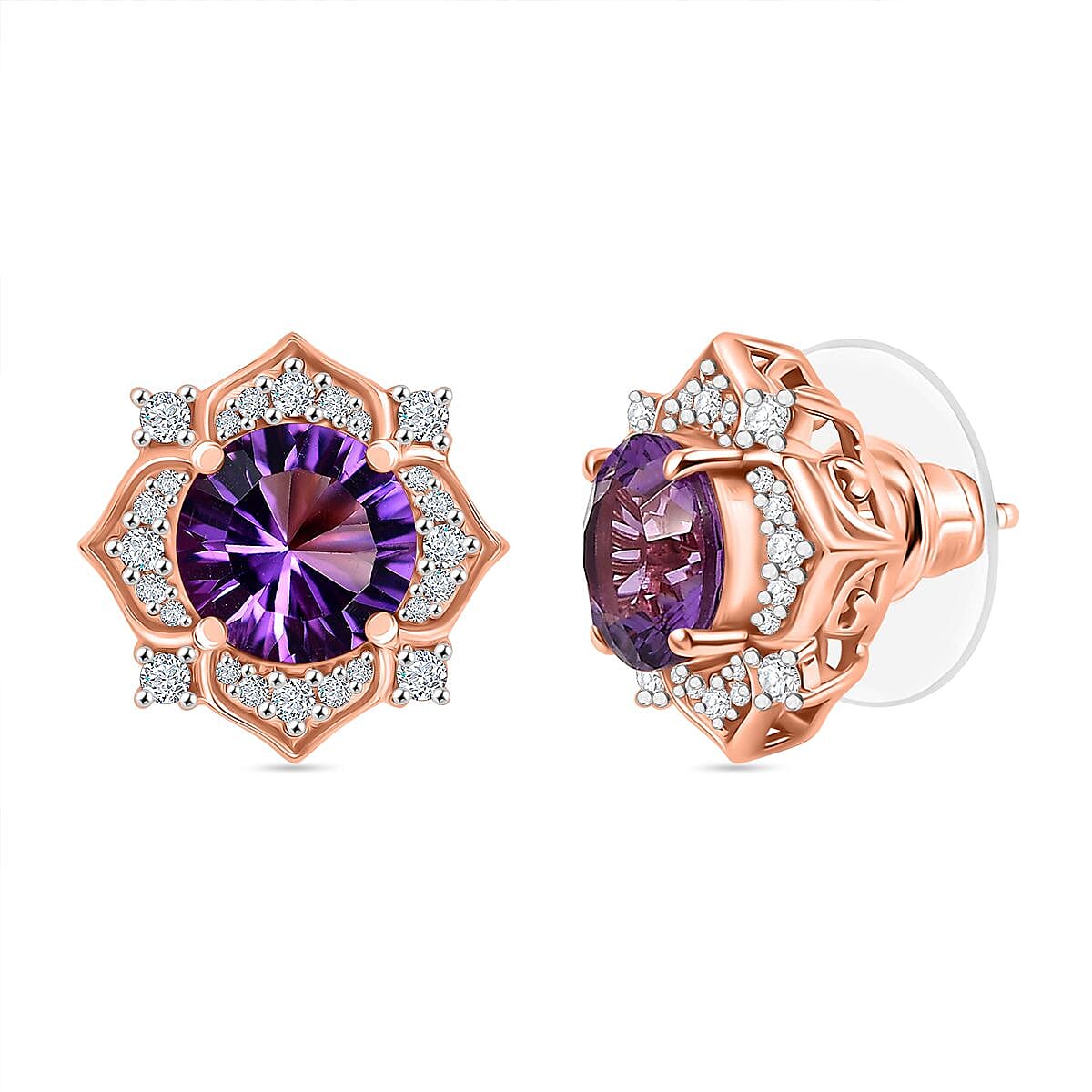D'Joy Concave Cut AAA Rose De France Amethyst and White Zircon 4.00 ctw Flower Earrings in 18K Vermeil Rose Gold Over Sterling Silver